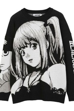 Y2K Grunge Black Sweater - Retro 90s Anime Girl Outfit, Perfect for Summer and Party Looks
