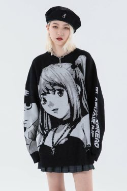 Y2K Grunge Black Sweater - Retro 90s Anime Girl Outfit, Perfect for Summer and Party Looks