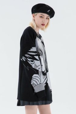 Y2K Grunge Black Sweater - Retro 90s Anime Girl Outfit, Perfect for Summer and Party Looks