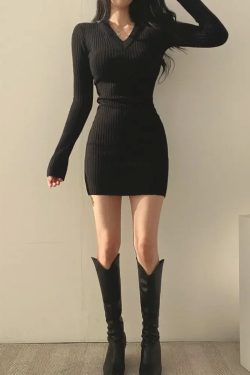 Y2K Grunge Black Sweater Dress - Retro 90s Fashion, Summer Y2K Outfit, Gothic Y2K Style