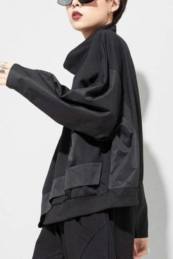 Y2K Grunge Black Turtleneck Patchwork Pullover with Pockets - Retro 90s Batwing Sleeve Top