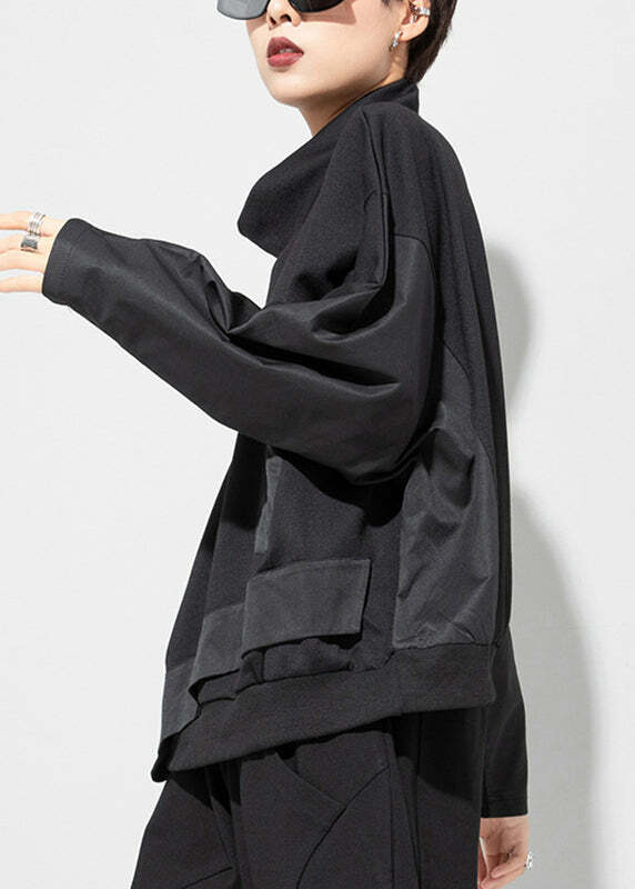 Y2K Grunge Black Turtleneck Patchwork Pullover with Pockets - Retro 90s Batwing Sleeve Top
