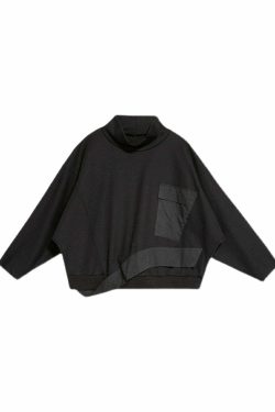 Y2K Grunge Black Turtleneck Patchwork Pullover with Pockets - Retro 90s Batwing Sleeve Top