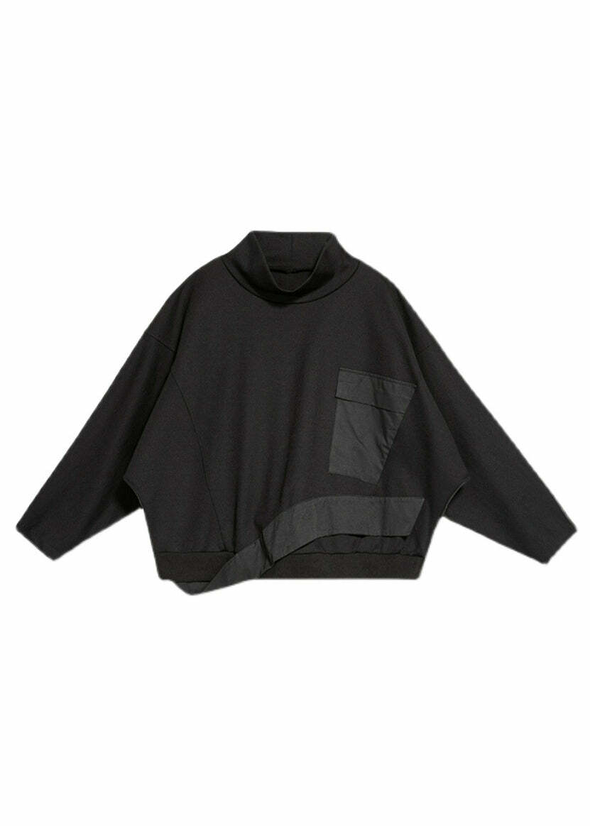 Y2K Grunge Black Turtleneck Patchwork Pullover with Pockets - Retro 90s Batwing Sleeve Top