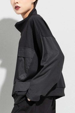 Y2K Grunge Black Turtleneck Patchwork Pullover with Pockets - Retro 90s Batwing Sleeve Top