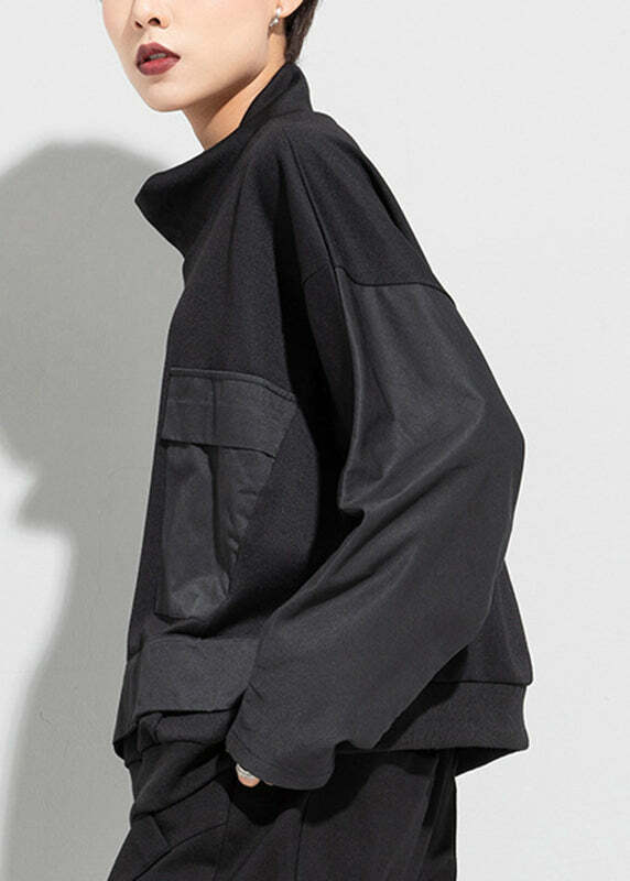 Y2K Grunge Black Turtleneck Patchwork Pullover with Pockets - Retro 90s Batwing Sleeve Top