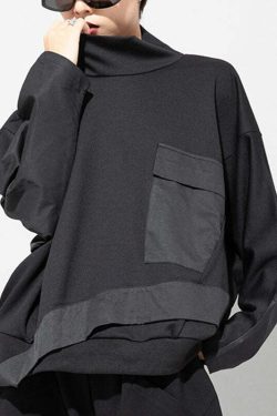 Y2K Grunge Black Turtleneck Patchwork Pullover with Pockets - Retro 90s Batwing Sleeve Top