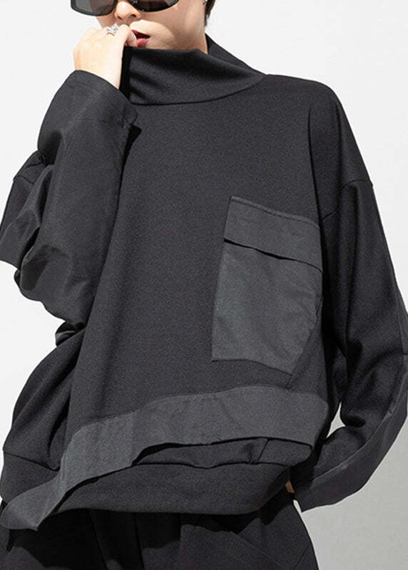 Y2K Grunge Black Turtleneck Patchwork Pullover with Pockets - Retro 90s Batwing Sleeve Top