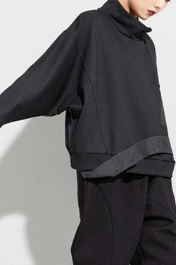 Y2K Grunge Black Turtleneck Patchwork Pullover with Pockets - Retro 90s Batwing Sleeve Top