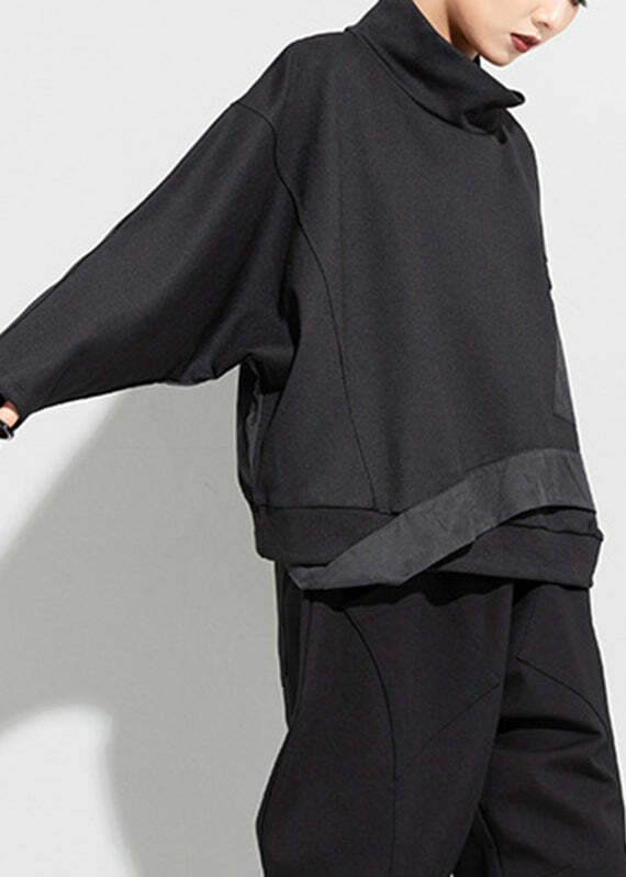 Y2K Grunge Black Turtleneck Patchwork Pullover with Pockets - Retro 90s Batwing Sleeve Top