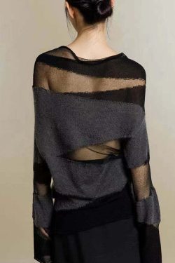 Y2K Grunge Black Turtleneck Tulle Patchwork Knit Sweater - 90s Retro Summer Fashion