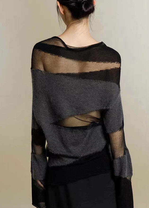 Y2K Grunge Black Turtleneck Tulle Patchwork Knit Sweater - 90s Retro Summer Fashion