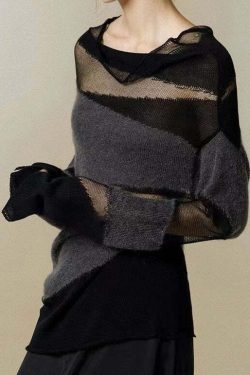 Y2K Grunge Black Turtleneck Tulle Patchwork Knit Sweater - 90s Retro Summer Fashion