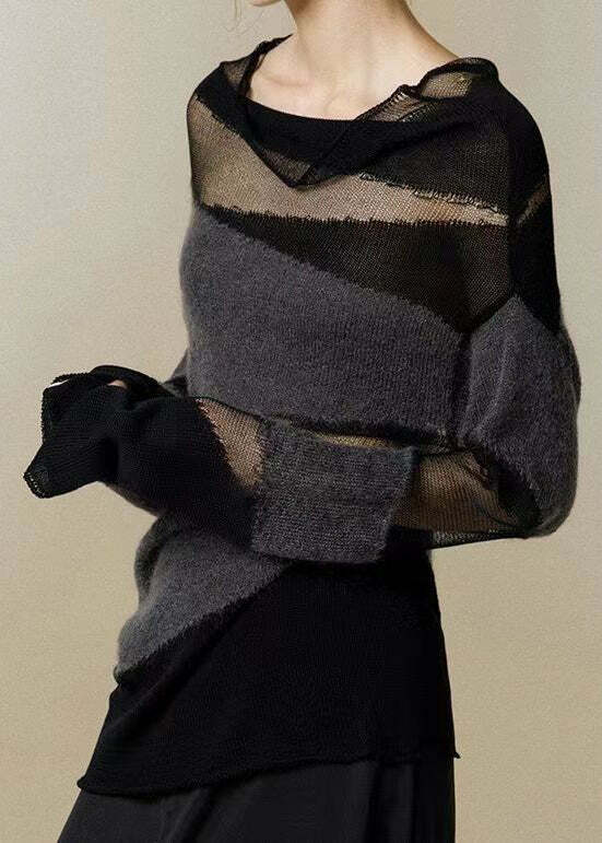 Y2K Grunge Black Turtleneck Tulle Patchwork Knit Sweater - 90s Retro Summer Fashion