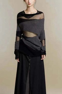 Y2K Grunge Black Turtleneck Tulle Patchwork Knit Sweater - 90s Retro Summer Fashion
