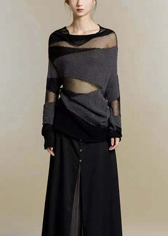 Y2K Grunge Black Turtleneck Tulle Patchwork Knit Sweater - 90s Retro Summer Fashion