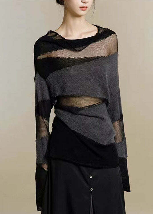 Y2K Grunge Black Turtleneck Tulle Patchwork Knit Sweater - 90s Retro Summer Fashion