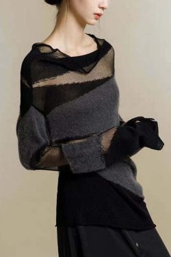 Y2K Grunge Black Turtleneck Tulle Patchwork Knit Sweater - 90s Retro Summer Fashion