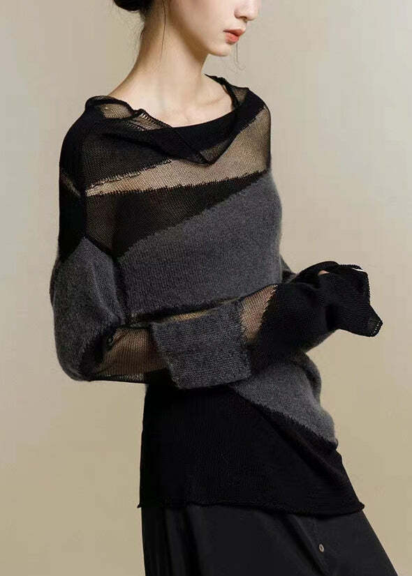 Y2K Grunge Black Turtleneck Tulle Patchwork Knit Sweater - 90s Retro Summer Fashion