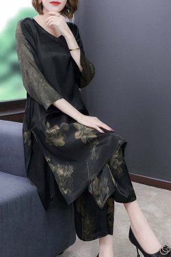 Y2K Grunge Black V Neck Print Silk Top & Pants Set - Retro 90s Summer Outfit