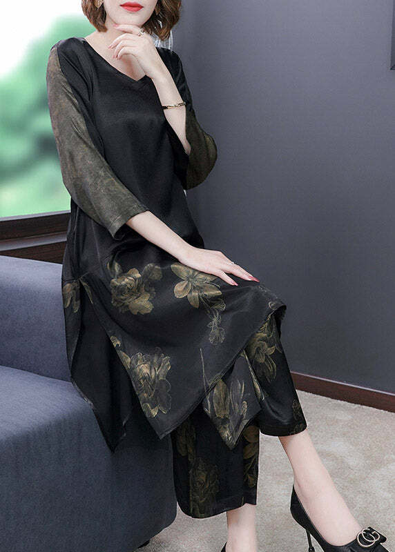 Y2K Grunge Black V Neck Print Silk Top & Pants Set - Retro 90s Summer Outfit