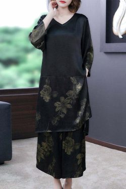 Y2K Grunge Black V Neck Print Silk Top & Pants Set - Retro 90s Summer Outfit