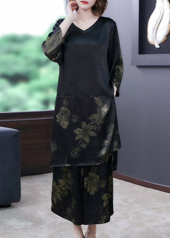 Y2K Grunge Black V Neck Print Silk Top & Pants Set - Retro 90s Summer Outfit