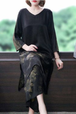 Y2K Grunge Black V Neck Print Silk Top & Pants Set - Retro 90s Summer Outfit