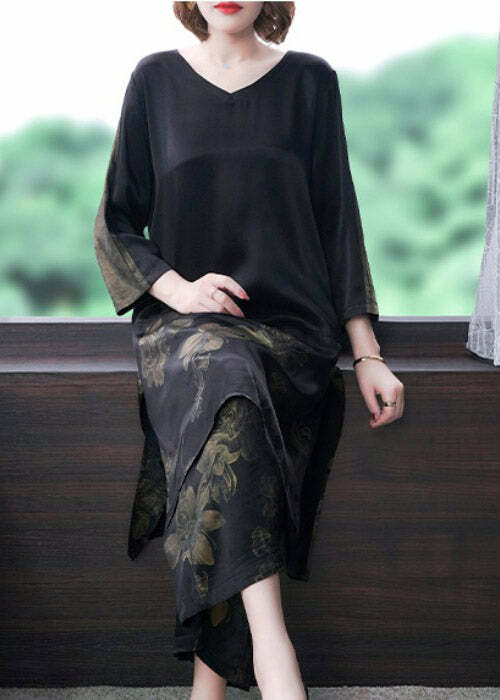 Y2K Grunge Black V Neck Print Silk Top & Pants Set - Retro 90s Summer Outfit