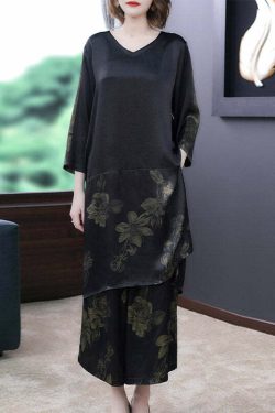 Y2K Grunge Black V Neck Print Silk Top & Pants Set - Retro 90s Summer Outfit
