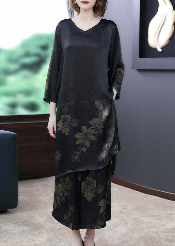 Y2K Grunge Black V Neck Print Silk Top & Pants Set - Retro 90s Summer Outfit