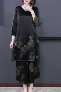 Y2K Grunge Black V Neck Print Silk Top & Pants Set - Retro 90s Summer Outfit