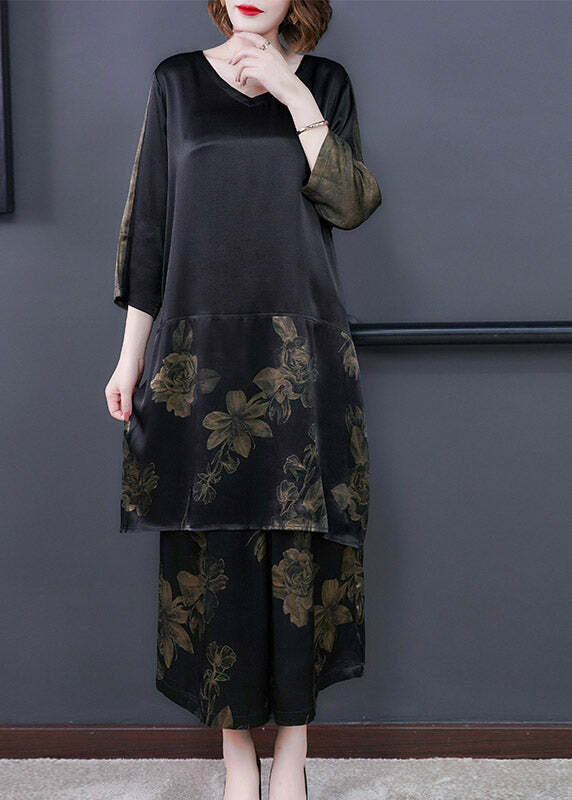 Y2K Grunge Black V Neck Print Silk Top & Pants Set - Retro 90s Summer Outfit