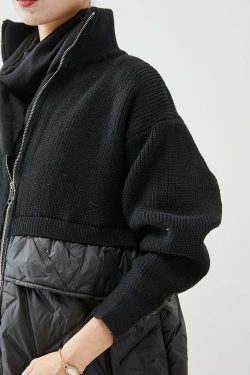 Y2K Grunge Black Zip Up Patchwork Knit Coat - Retro 90s Fashion, Summer & Party Outfits