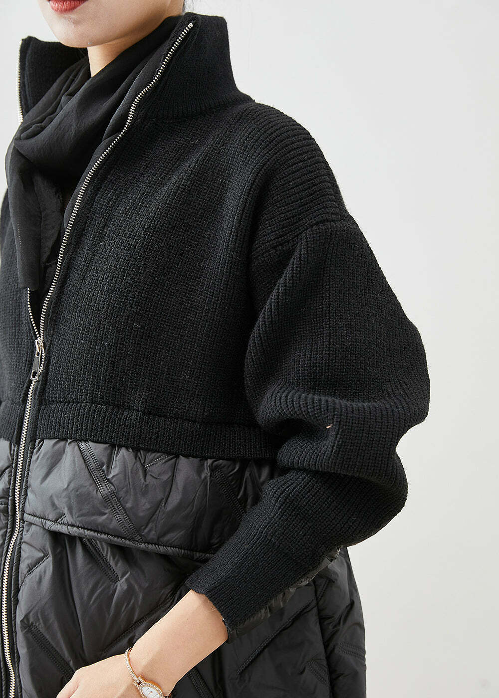 Y2K Grunge Black Zip Up Patchwork Knit Coat - Retro 90s Fashion, Summer & Party Outfits