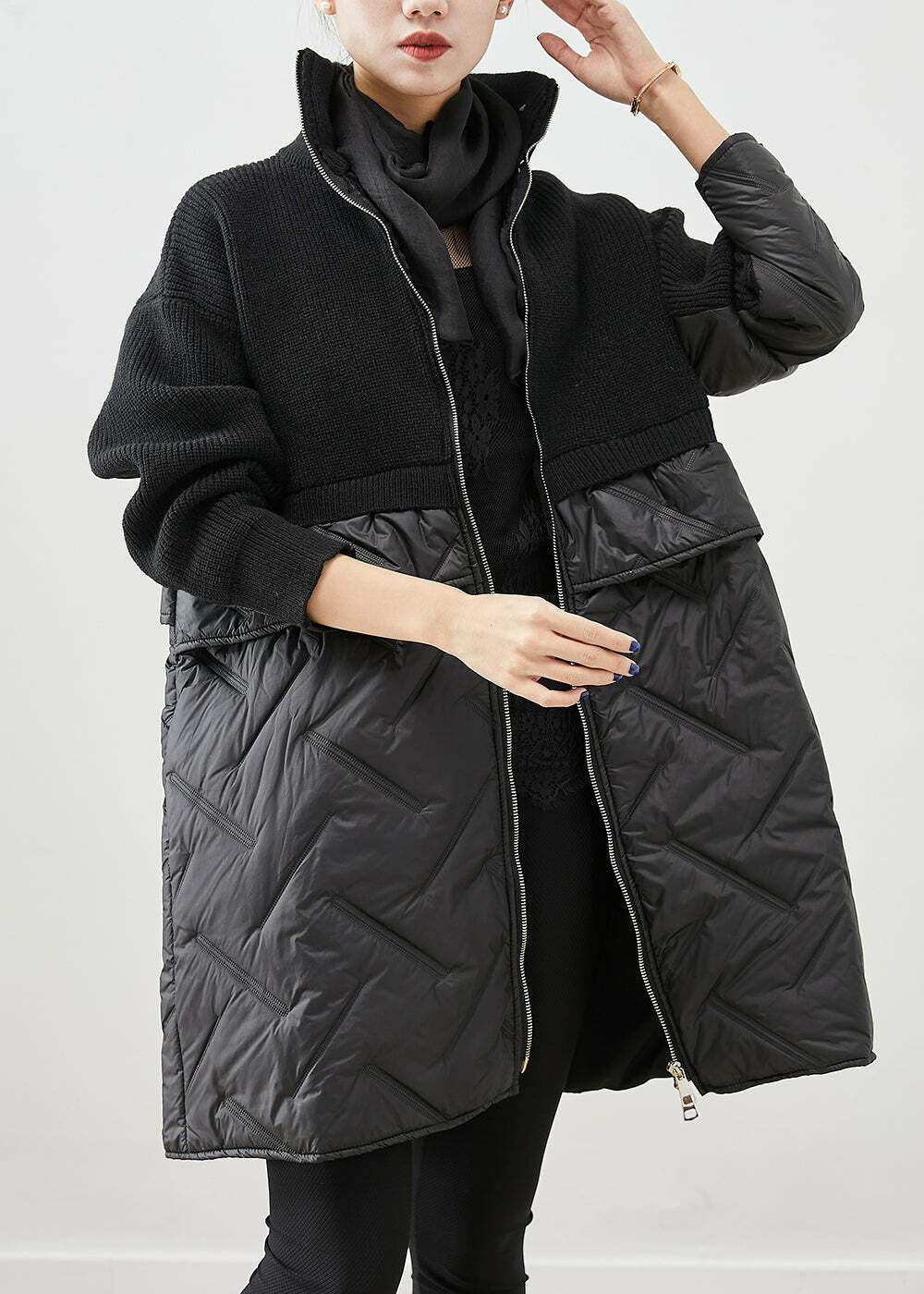 Y2K Grunge Black Zip Up Patchwork Knit Coat - Retro 90s Fashion, Summer & Party Outfits