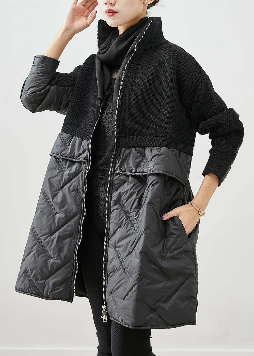 Y2K Grunge Black Zip Up Patchwork Knit Coat - Retro 90s Fashion, Summer & Party Outfits