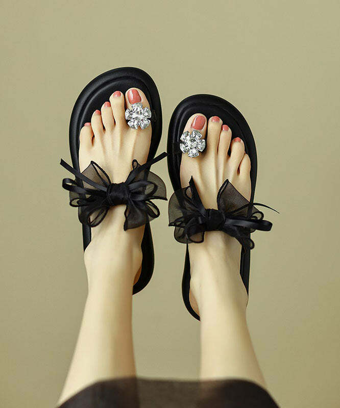 Y2K Grunge Black Zircon Tulle Bow Splicing Slide Sandals - Retro 90s Summer Fashion
