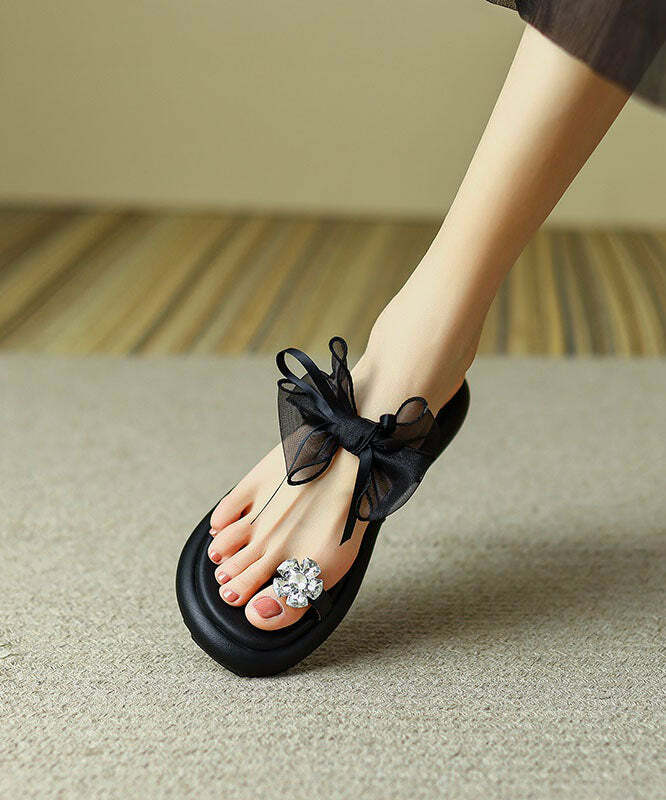 Y2K Grunge Black Zircon Tulle Bow Splicing Slide Sandals - Retro 90s Summer Fashion