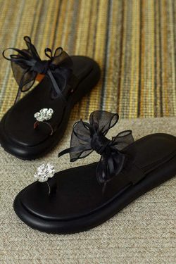 Y2K Grunge Black Zircon Tulle Bow Splicing Slide Sandals - Retro 90s Summer Fashion