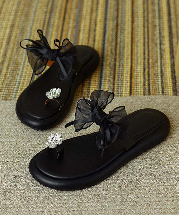 Y2K Grunge Black Zircon Tulle Bow Splicing Slide Sandals - Retro 90s Summer Fashion