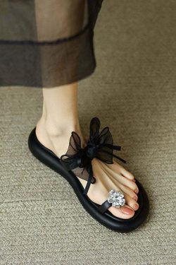 Y2K Grunge Black Zircon Tulle Bow Splicing Slide Sandals - Retro 90s Summer Fashion