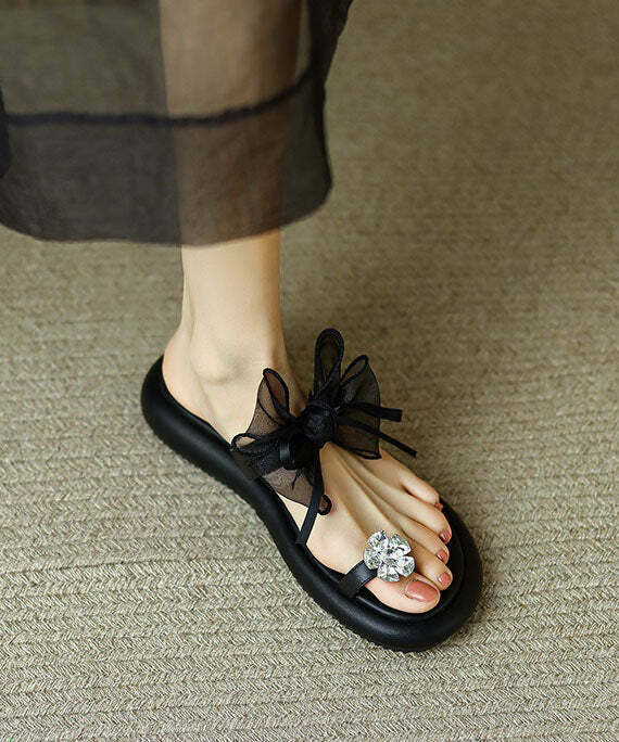 Y2K Grunge Black Zircon Tulle Bow Splicing Slide Sandals - Retro 90s Summer Fashion