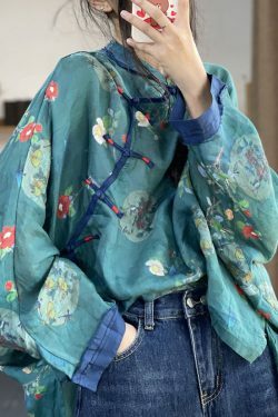 Y2K Grunge Blue Button Print Patchwork Cotton Long Sleeve Shirt - Retro 90s Summer Fashion