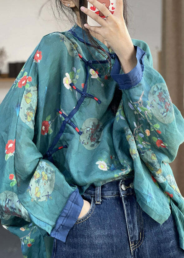 Y2K Grunge Blue Button Print Patchwork Cotton Long Sleeve Shirt - Retro 90s Summer Fashion