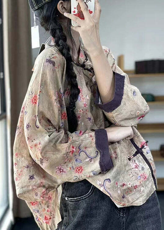 Y2K Grunge Blue Button Print Patchwork Cotton Long Sleeve Shirt - Retro 90s Summer Fashion