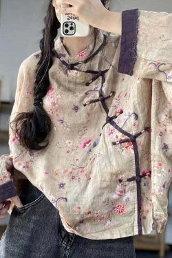 Y2K Grunge Blue Button Print Patchwork Cotton Long Sleeve Shirt - Retro 90s Summer Fashion