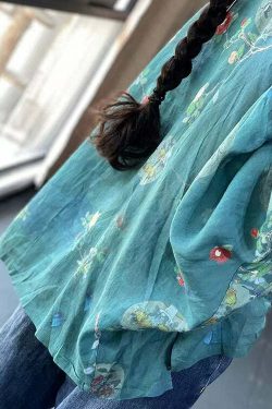 Y2K Grunge Blue Button Print Patchwork Cotton Long Sleeve Shirt - Retro 90s Summer Fashion