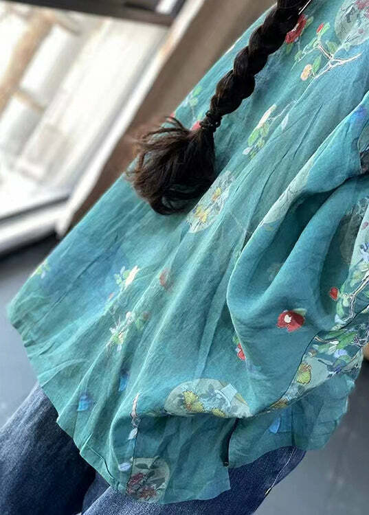 Y2K Grunge Blue Button Print Patchwork Cotton Long Sleeve Shirt - Retro 90s Summer Fashion