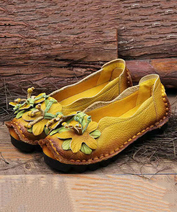 Y2K Grunge Boho Retro Splicing Flat Shoes - Yellow Faux Leather Floral 90s Fashion
